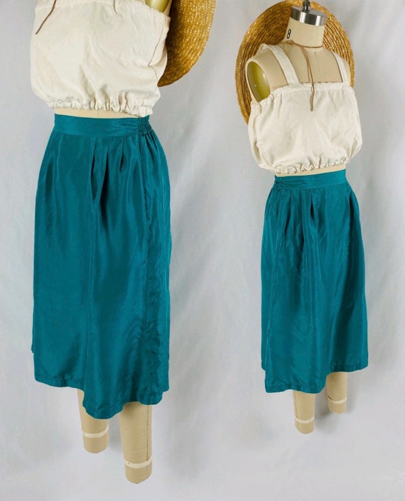 turquoise silk skirt 80s flowing blue green midi s