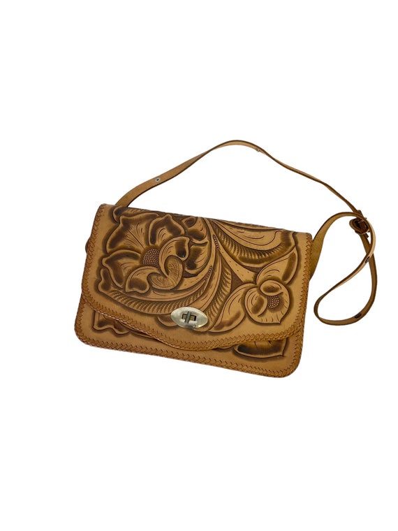 tooled leather purse 60s boho large floral carved leather crossbody bag