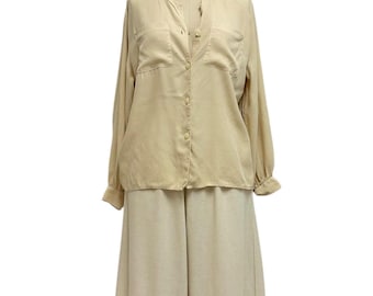 cream silk button down shirt 90s vintage butter yellow collarless utility blouse S