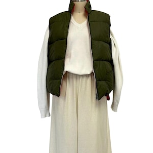 olive green down filled puffer vest 80s vintage reversible outerwear quilted vest m