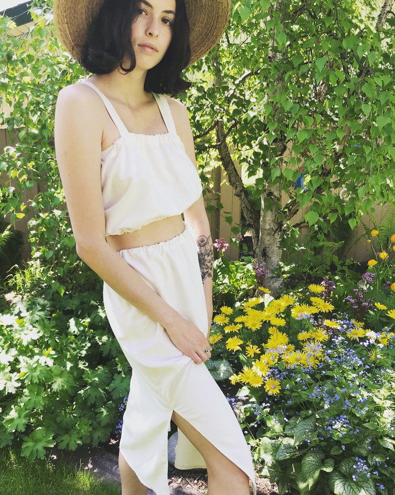 white raw silk skirt set handmade boho side slit midi skirt scrunchie camisole crop top matching set