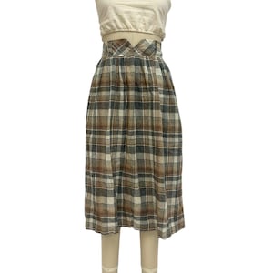 knit plaid midi skirt 80s vintage long wool full skirt S