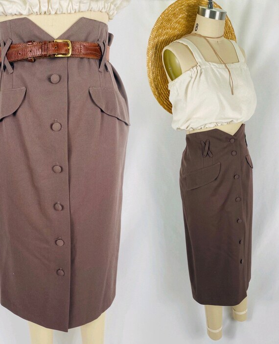brown wool button up skirt minimalist high waisted