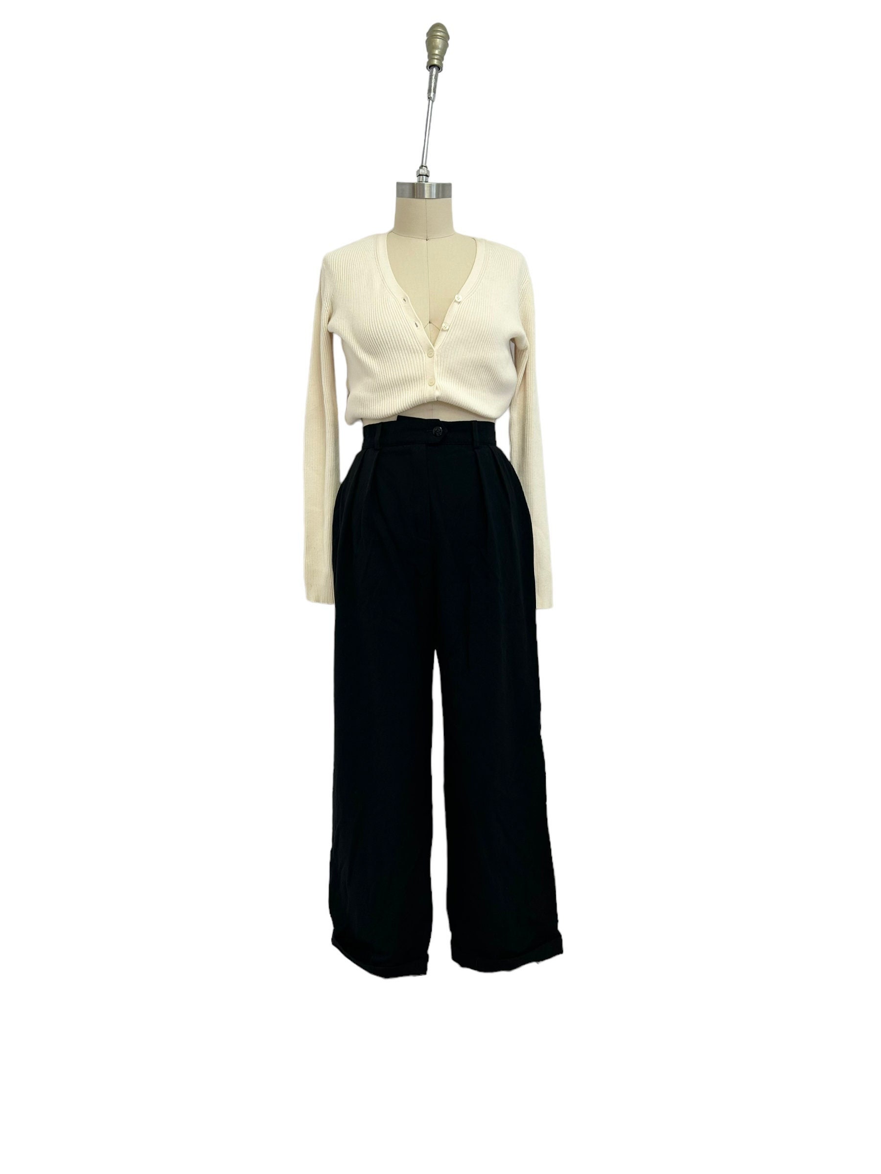 vintage Escada trousers minimalist black wool wide leg high waist curvy fit pants M/L