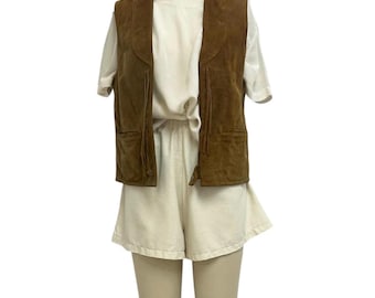 tan cowhide vintage vest mid century suede fringe boho western waistcoat M