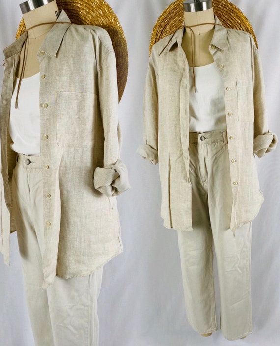 neutral linen utility shirt 90s oversized beige li