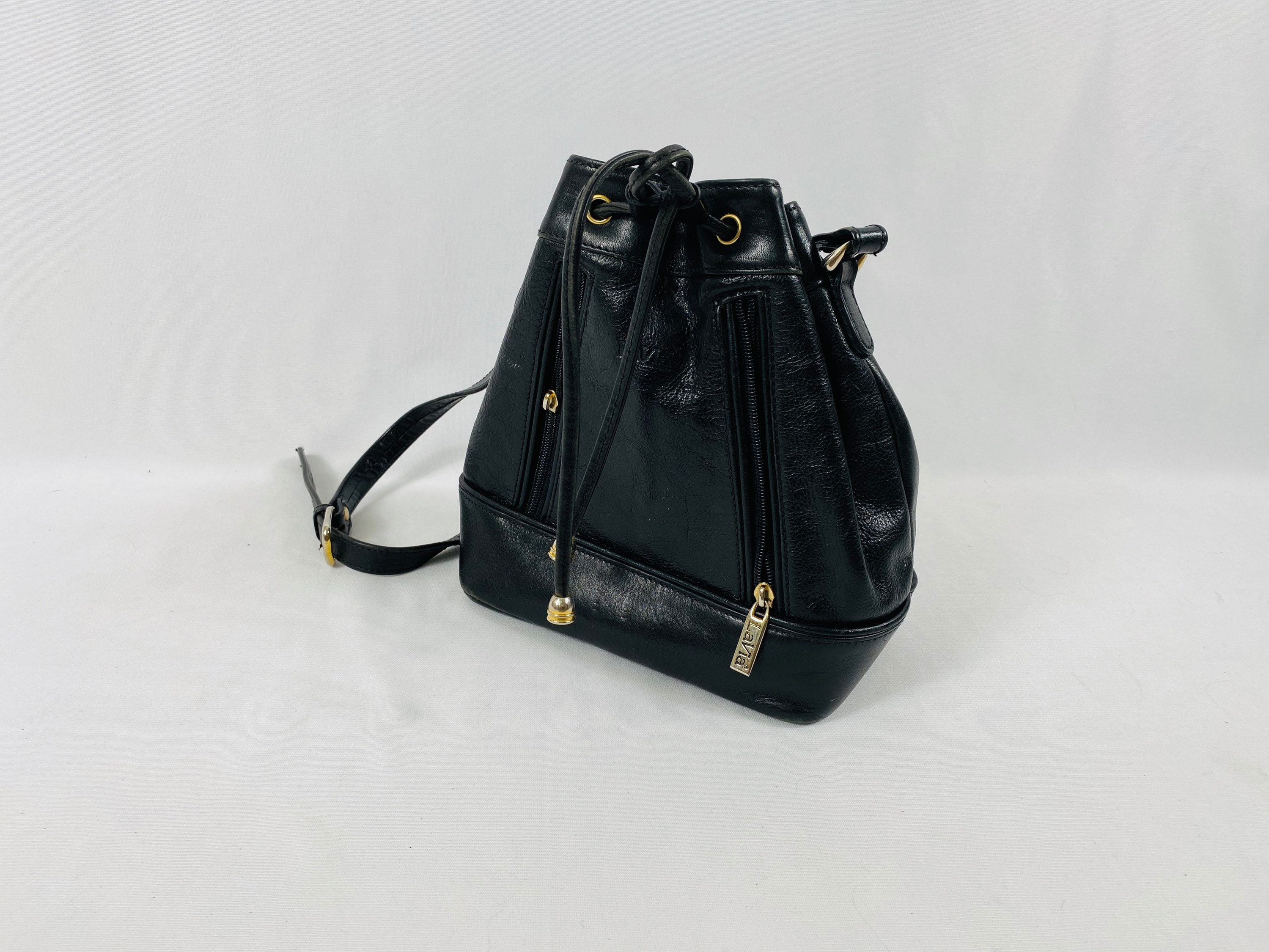 Black Leather Bucket Bag 90s Minimalist Drawstring Shoulder 