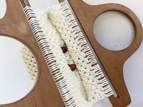 cream cotton and wood beaded macrame top handle p… - image 2