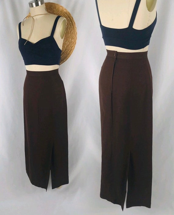 chocolate brown linen slit skirt 90s minimal high