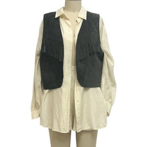 charcoal suede fringe vest boho vintage western leather tie back waist coat M