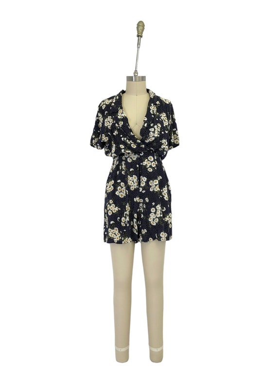 vintage floral print rayon mini romper 90s cinche… - image 1