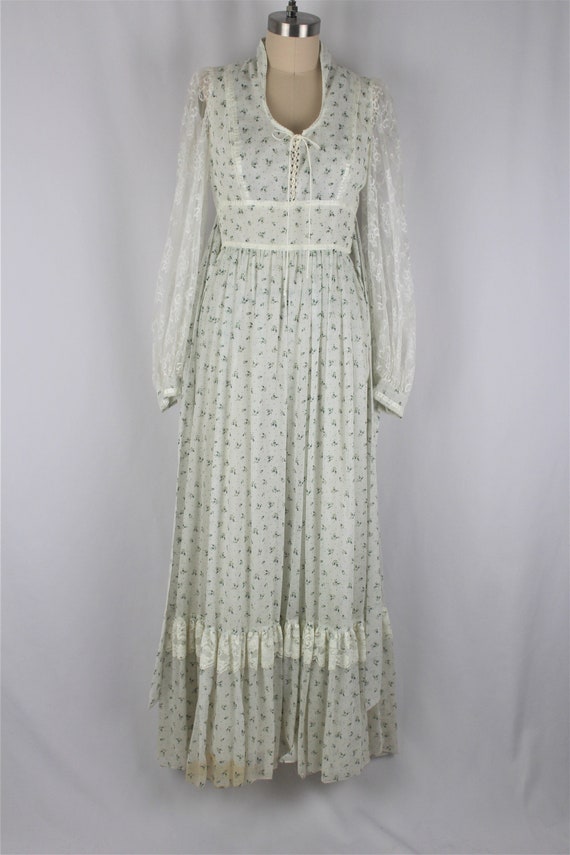 gunne sax maxi dress 70s prarie revival puff lace