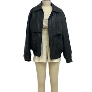 brown leather bomber jacket 80s vintage zip up relaxed fit leather coat L