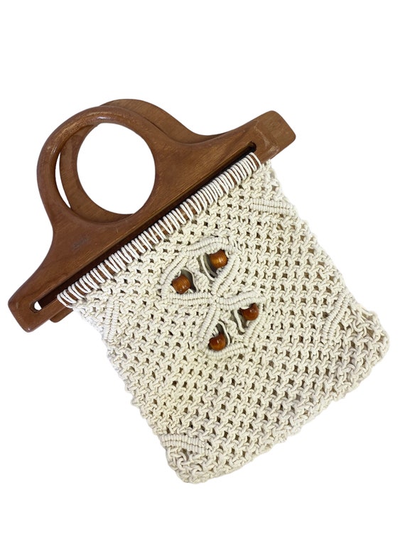 cream cotton and wood beaded macrame top handle p… - image 3