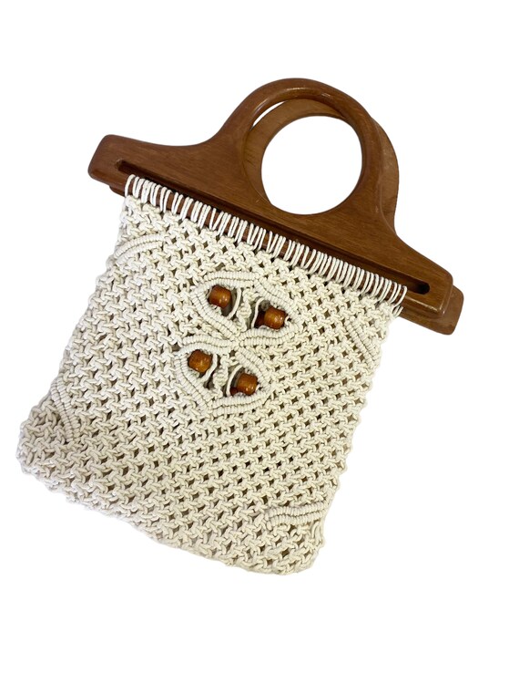 cream cotton and wood beaded macrame top handle p… - image 5