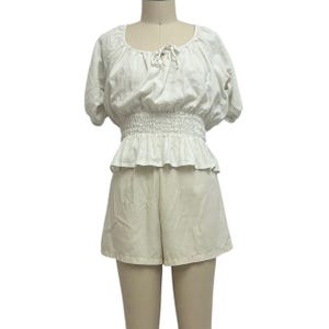 white linen boho blouse romantic smocked puff sleeve peasant top M