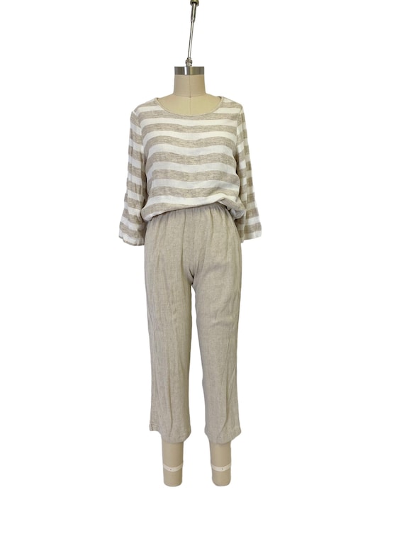 Linen Rayon Stripe Lounge Set: Neutral Gauze Pants, Size S
