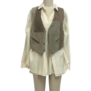 patchwork suede vest 90s vintage neutral leather tie back waist coat M