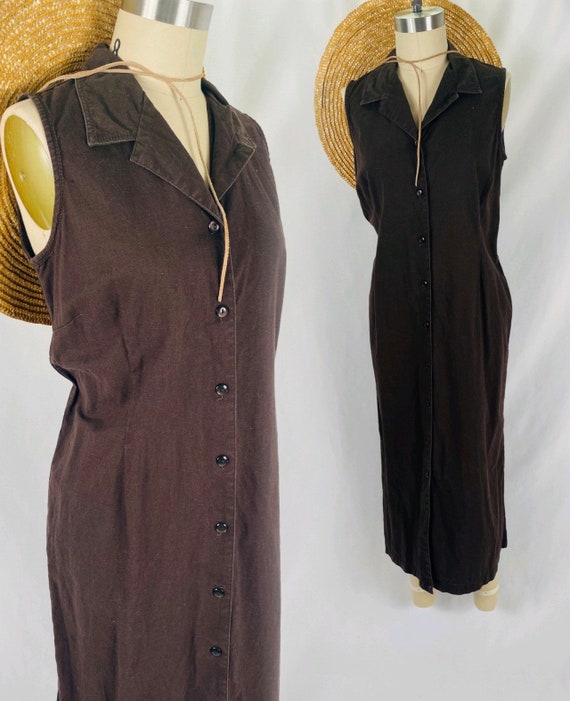 Brown linen button up midi dress 90s minimalist sl