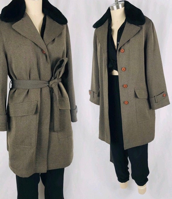 90s belted fur collar coat minimal olive green iri