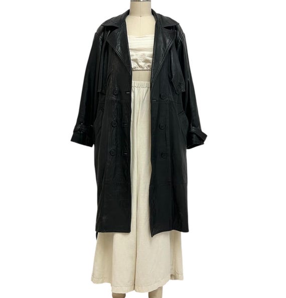 Schwarzer Leder Trenchcoat Vintage kleine Damen lange Lederjacke