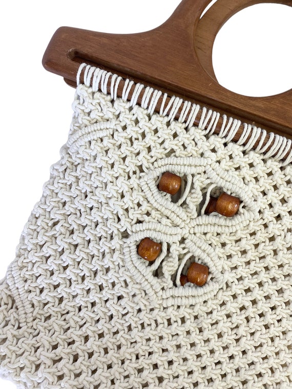 cream cotton and wood beaded macrame top handle p… - image 4