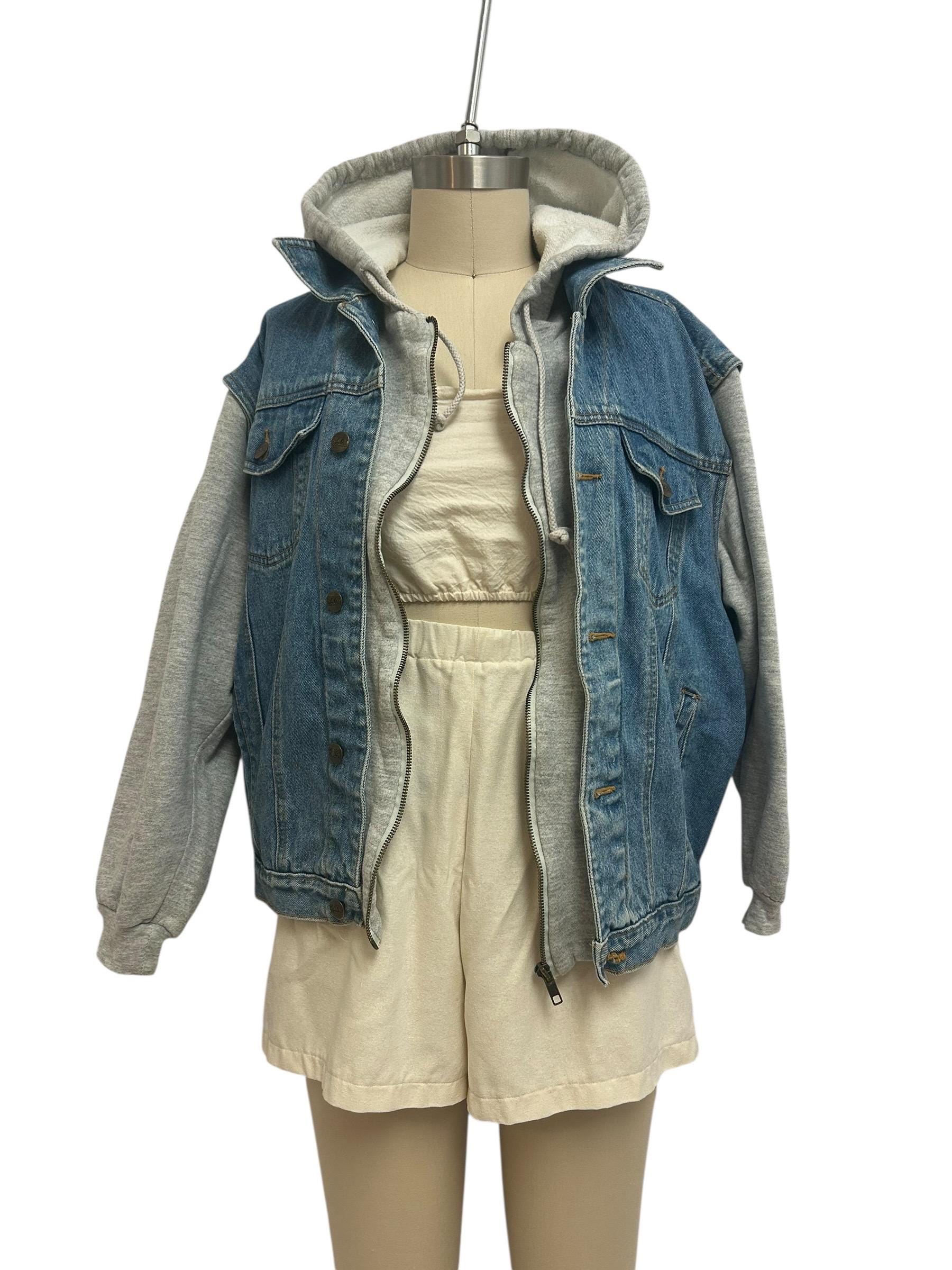 90s Denim Vest Jacket Vintage LA Blues Contrasting Hooded Jean