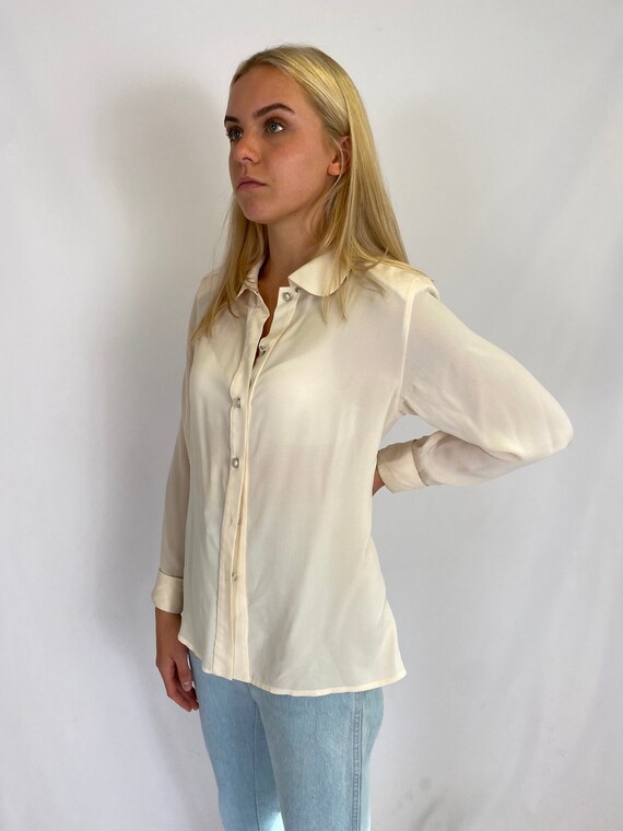 Cream Silk Blouse 80s Minimal Button up 
