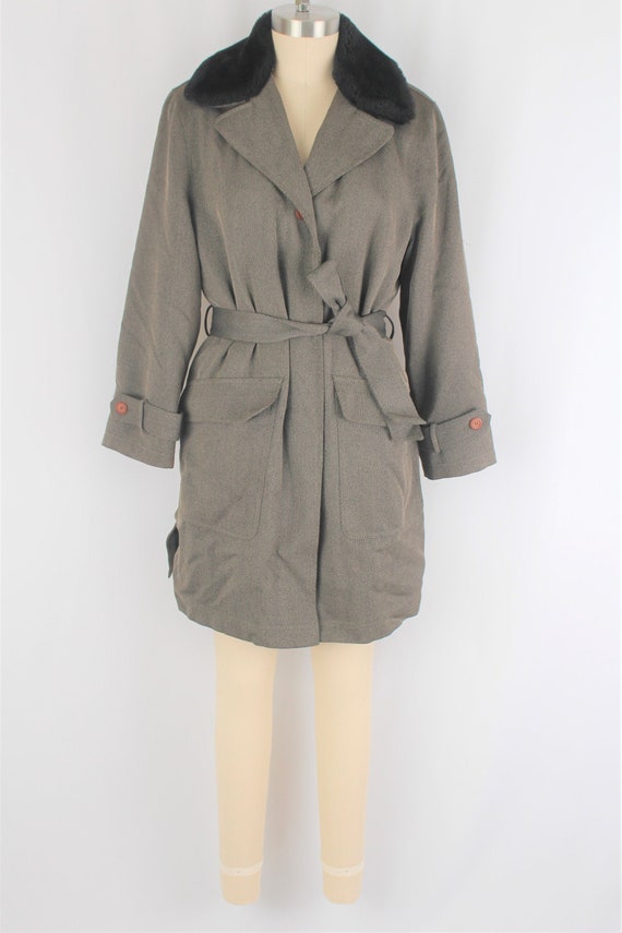 90s belted fur collar coat minimal olive green iri