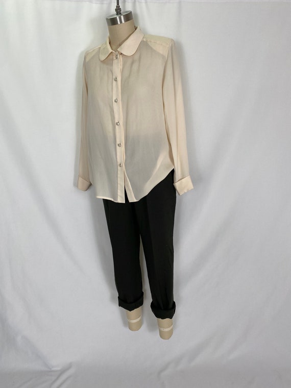 Cream Silk Blouse 80s Minimal Button up 