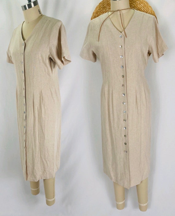oatmeal linen button up dress 90s minimalist long
