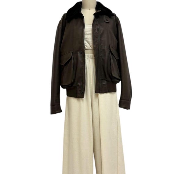 brown leather bomber jacket 70s vintage Italian fur collar coat