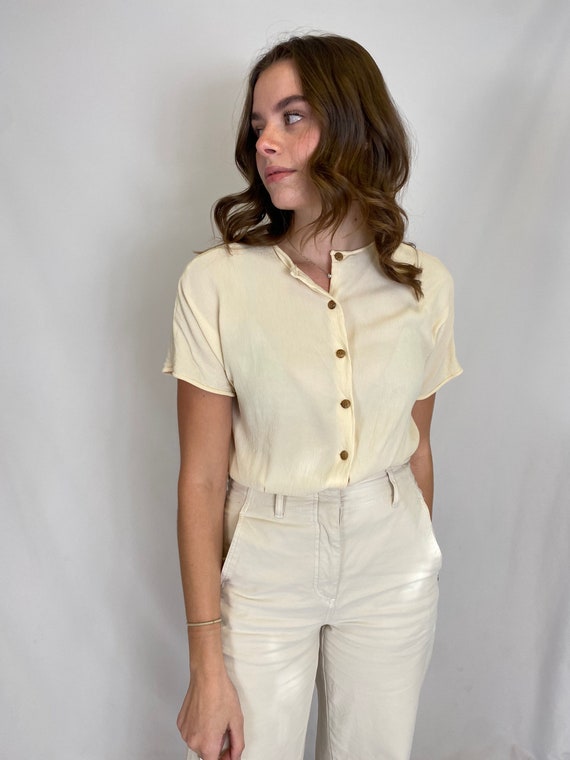 Cream Ribbed Rayon Button up Blouse 90s 