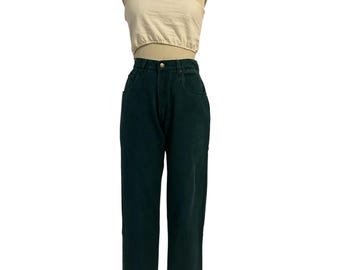 Vaqueros estilo mom jeans vintage de cintura alta y corte curvilíneo, color verde azulado, talla 28.