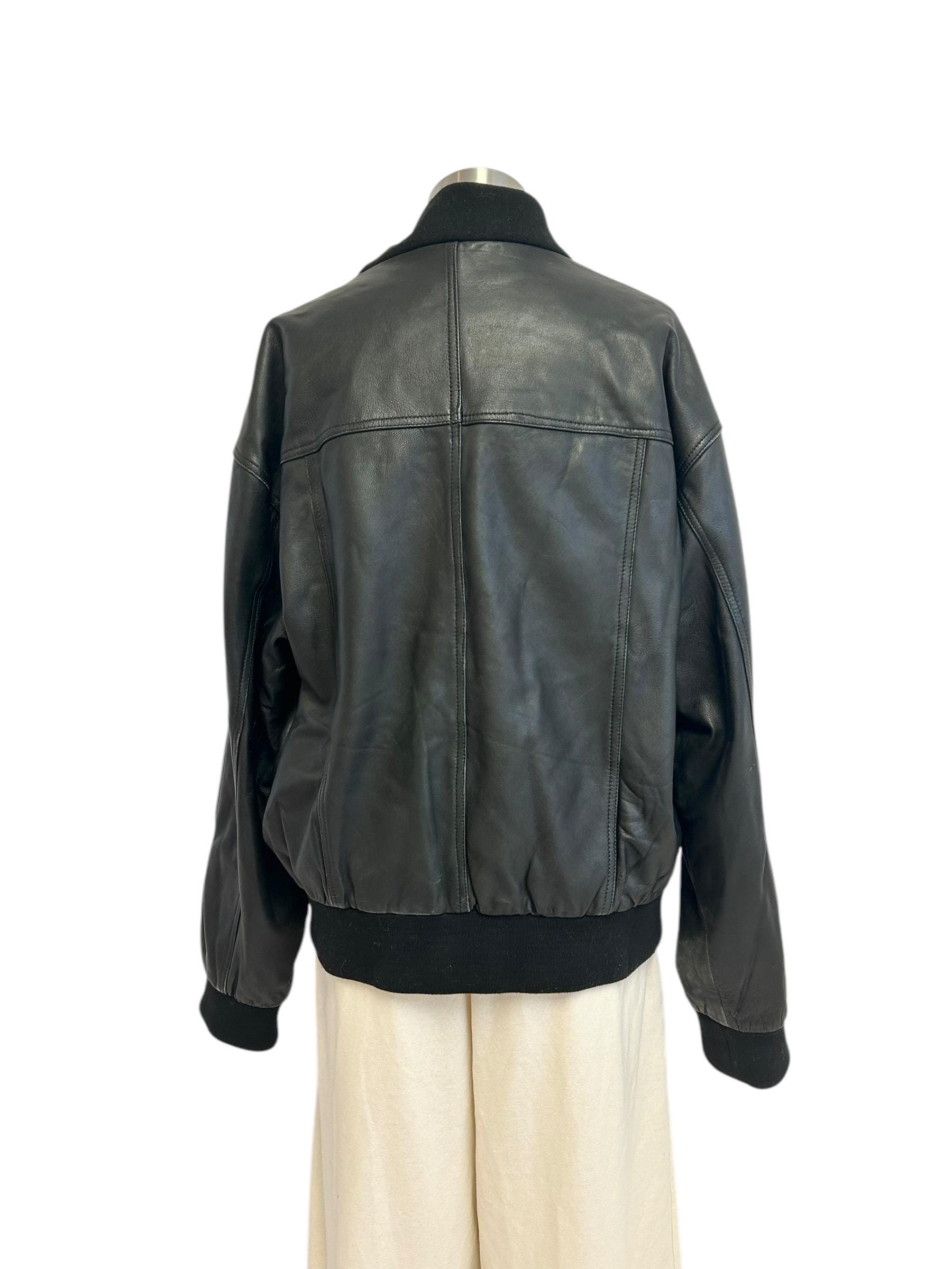 Black Leather Bomber Jacket 90s Vintage Menswear Zip up
