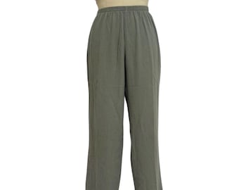 Pantalón de estar por casa vintage color verde salvia con textura arrugada y mezcla de lino: pierna ancha, talla M/L