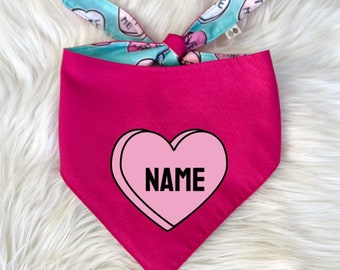 Personalized Light Pink Conversation Heart with Pink Valentine's Day Dog Bandana, Reversible Tie on Scarf