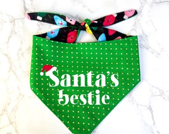 Santa’s Bestie Dog Bandana, Naughty or Nice List, Santa Claus, Christmas Lights, Santa’s Favorite Green and Red, Personalized Tie On Scarf