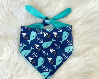 Whaley Awesome Dog Bandana, Navy with Teal Whales, Sail Boats, Shark Week, Summertime Reversible Personalized Create Your Own Tie on Scarf