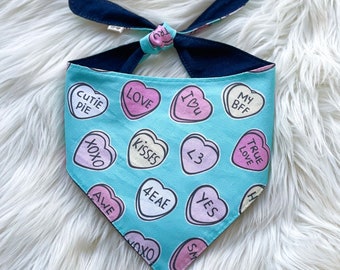 Conversation Hearts with Denim Dog Bandana, Multi Color Candy Hearts, Puppy Love, Personalized Create Your Own Reversible Tie on Scarf