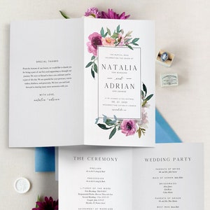 May include: A wedding ceremony program with a floral design on the front cover. The program lists the order of events for the ceremony, including the prelude, procession, liturgy of the word, sacrament of marriage, exchange of vows, blessing and exchange of rings, liturgy of eucharist, nuptial blessing, concluding rite, and the wedding party. The program also includes the names of the bride and groom, Natalia Von Burgund and Adrian Der Grande, and the date of the wedding, August 21, 2021.