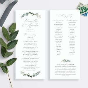 St. Priscilla- Catholic Wedding Program Template Custom, Greenery Botanical Mass Church Printable, 4.25x11 in. Editable DIY Instant Download