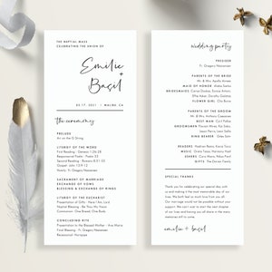 May include: Wedding ceremony programme with black text on a white background. The programme lists the order of events for the ceremony, including the prelude, liturgy of the word, sacrament of marriage, liturgy of the Eucharist, and concluding rite. The programme also includes a list of the wedding party, including the presider, parents of the bride and groom, maid of honour, bridesmaids, flower girl, best man, groomsmen, ring bearer, readers, music, ushers, and gifts. The programme ends with a special thanks section.