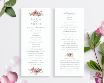 May include: Wedding ceremony program with a floral design featuring pink and purple flowers. The program includes the order of events for the ceremony, the names of the wedding party, and a thank you message from the couple.