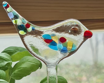 Small glass plant plug...colorful bird...pot plug...window decoration...gift idea