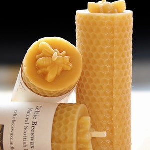 Beeswax Candles Solid Honeycomb Bee Pair 3.5x10.5cm. Pure Scottish Beeswax - Unscented Natural Honey aroma - Made in Scotland - Gift set