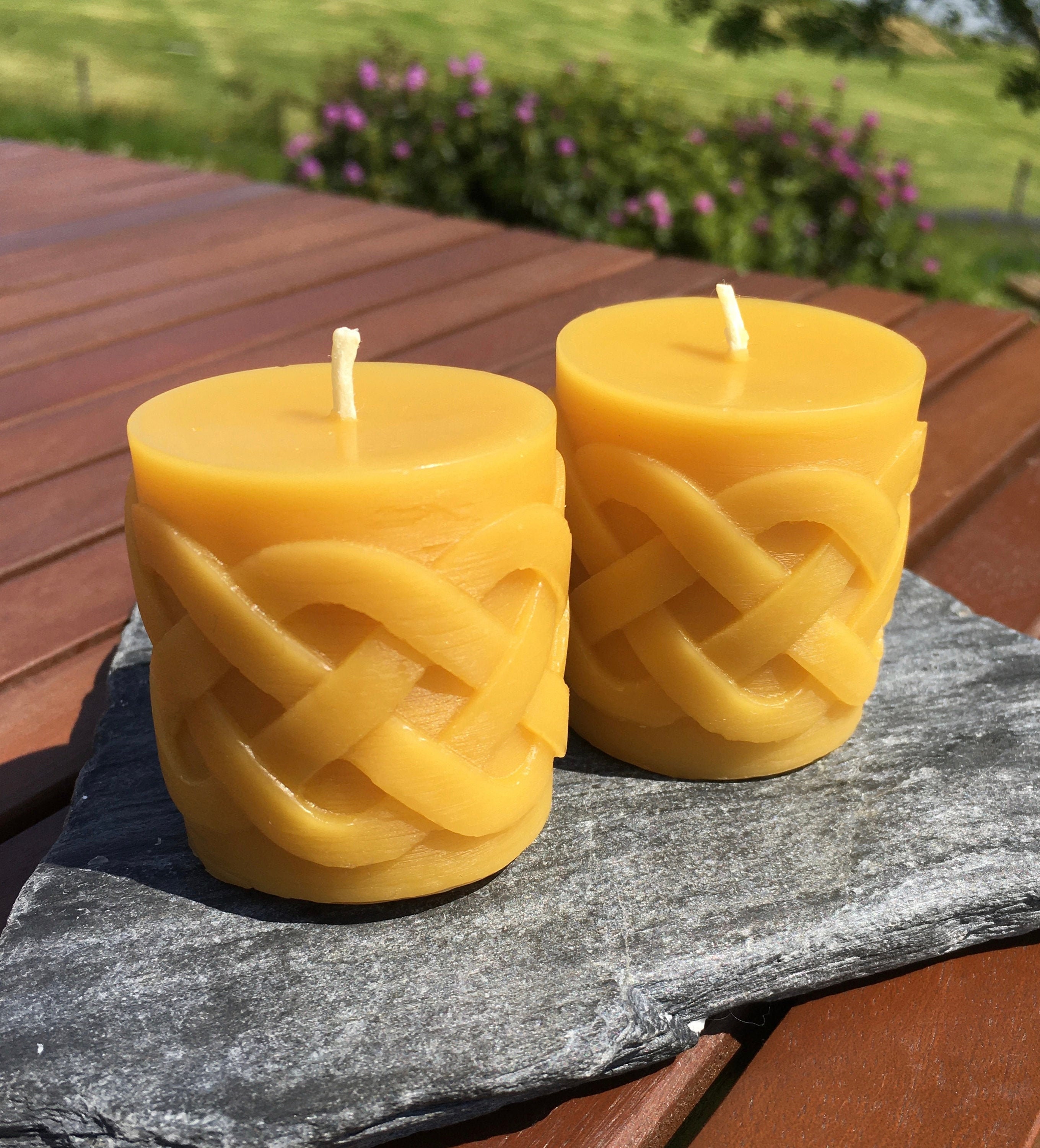 Pair of Celtic Knot Beeswax Candles Pure Natural Scottish Beeswax Gift