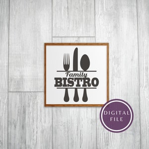 Peut inclure: Une pancarte encadrée blanche avec un graphique noir et blanc d'une fourchette, d'un couteau et d'une cuillère avec le texte "Family Bistro" en noir.