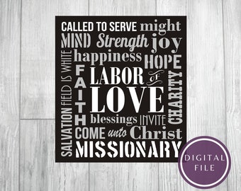 Missionary word collage, lds missionary svg, called to serve print,  Labor of LOVE, missionary sign, come unto christ png, missionary eps