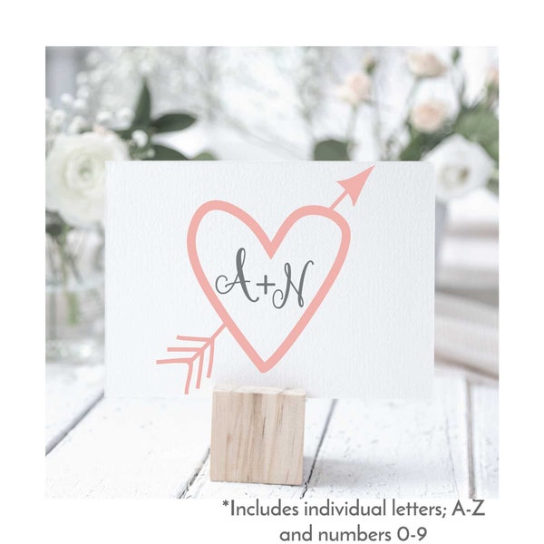 wedding monogram heart with arrow, full alphabet in calligraphy font style, wedding initials and cupid arrow heart SVG file for download